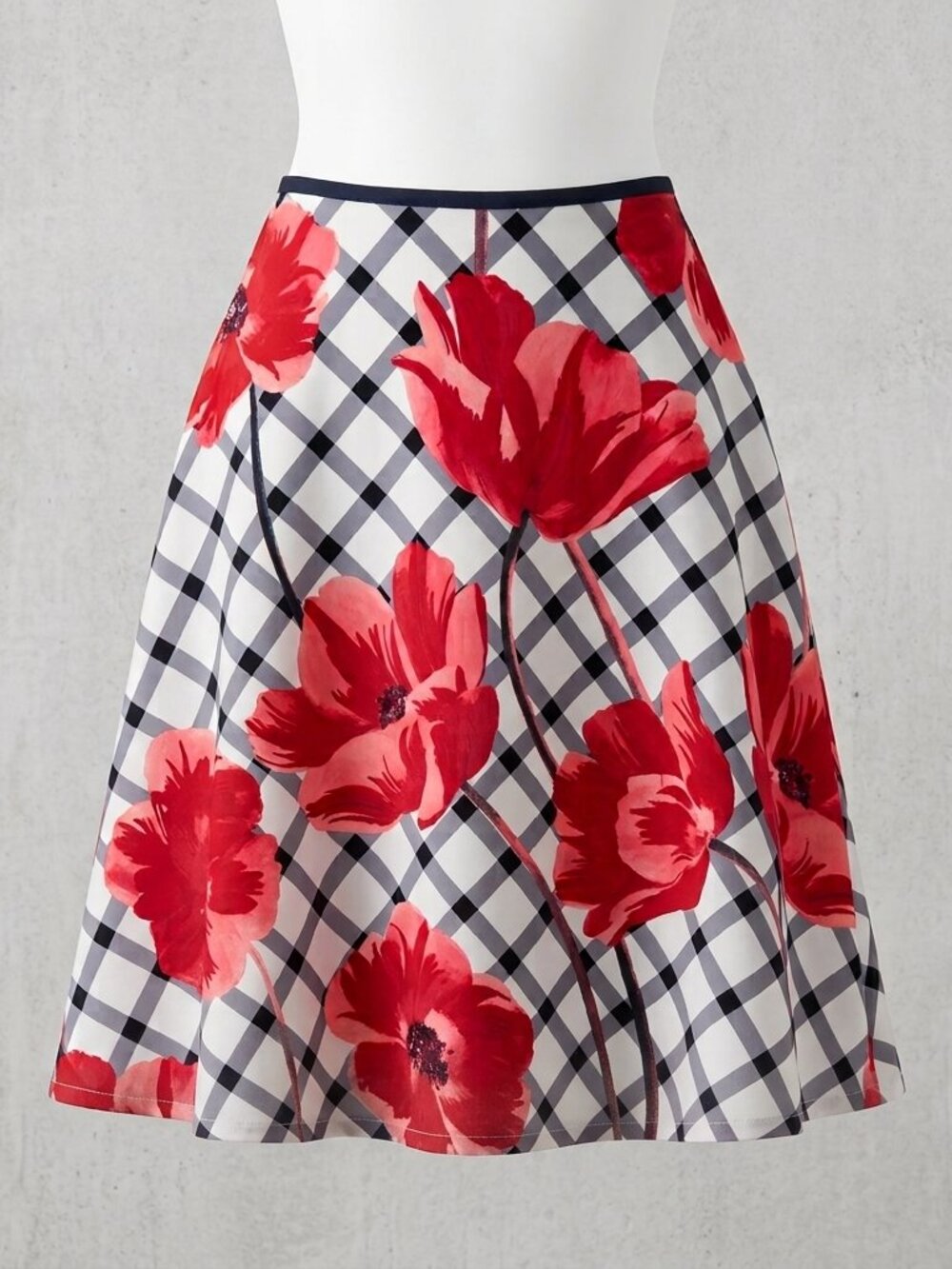 Talbots Women’s Size 8 Red Poppy Floral on Gingham Lined A-Line Skirt